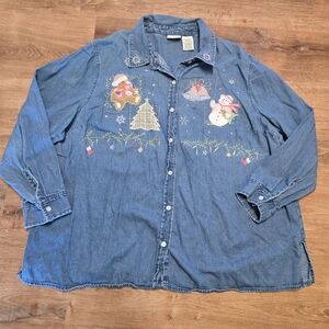 Vintage White Stag Blue Button Down Shirt with Festive Embroidery
